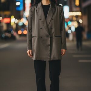 Elegant Double-Breasted Oversized Black Satin Women's Coat